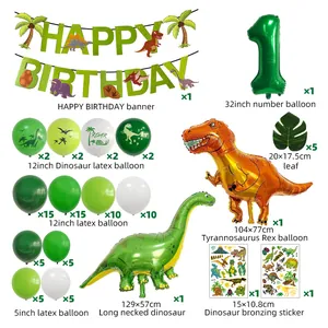 Detailed set of dinosaur party decorations with balloons, leaves, and happy birthday banner