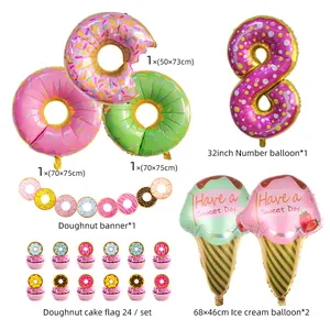 Donut and ice cream party kit with foil balloons, number 8 balloon, and cake toppers