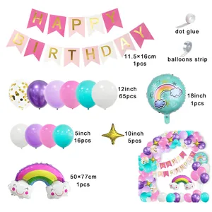 Detailed view of macaron rainbow balloon arch kit with Happy Birthday banner