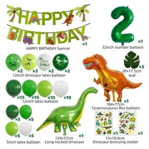 Detailed components of dinosaur party set with balloons, banners and large foil dinosaurs
