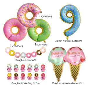 Donut and ice cream birthday party set featuring foil balloons, banner and cake toppers