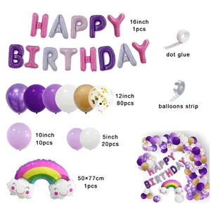 Detailed inventory of Macaron purple balloon arch kit for girls birthday party decor