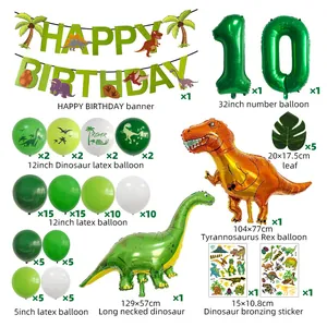 Detailed view of dinosaur birthday party kit with balloons, banners and palm leaves