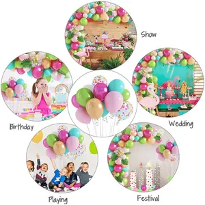 Flamingo themed balloon arch kit in pink and green for birthday and wedding party decor