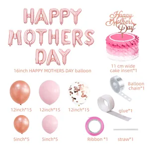 Detailliertes Muttertags-Dekoset mit roségoldenen Ballons und individuellem Tortenaufsatz