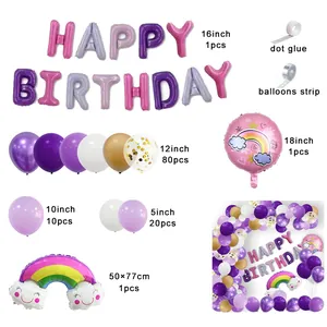Detail view of purple macaron rainbow balloon arch kit with Happy Birthday foil letters