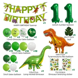 Dinosaur birthday party set with banners, foil balloons, and various green latex balloons