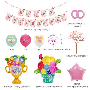 Detailed set of Happy Mother's Day party decorations including banners and trophy foil balloons