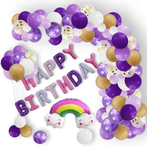 Pastel rainbow macaron balloon arch kit with purple balloons and Happy Birthday banner