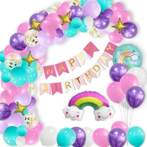 Rainbow birthday decoration set with macaron balloons, stars, and happy birthday banner