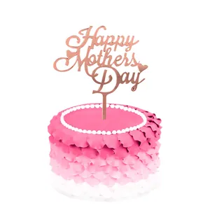 Rose gold Happy Mother's Day cake topper with hearts on a pink gradient cake decoration