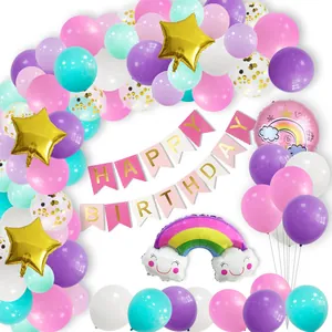 Pastel rainbow balloon arch kit with Happy Birthday banner and gold star foil balloons