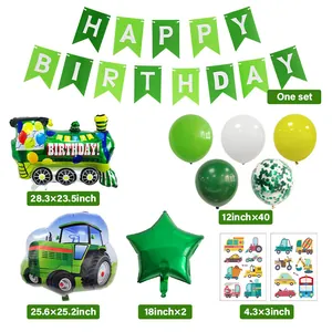 Construction party kit with green banner, vehicle foil balloons, and 40 latex balloons