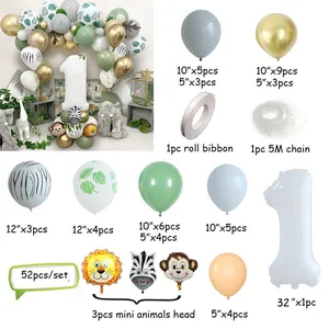 Detailkomponenten eines 52-teiligen Dschungel-Ballonbogen-Sets zum 1. Geburtstag mit Tierfolien