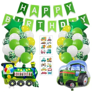Construction vehicle party set with green happy birthday banner and tractor balloons