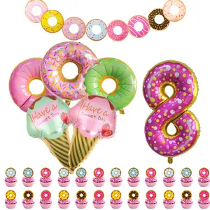 Donut and ice cream foil balloon set with number 8 and birthday banner on white backdrop