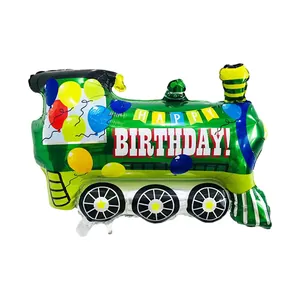 Green steam train birthday balloon with Happy Birthday print for kids party decoration