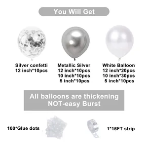 Balloon arch kit with silver and white balloons in assorted sizes and 16ft strip