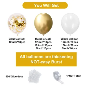 Balloon arch kit details showing gold confetti, metallic gold, and white balloons with tools