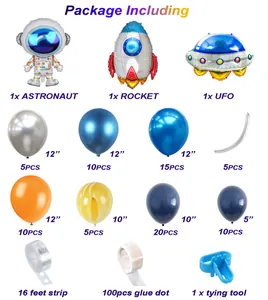 Space theme balloon kit with astronaut, rocket, and UFO foil balloons for party decoration