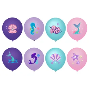 Mermaid party balloon set with purple and blue sea shells, seahorse, and tail designs