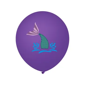 Detailed view of a purple latex balloon featuring a mermaid tail and turquoise splash print