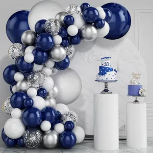Kit Arche de Guirlande de Ballons Bleu Marine Argent Blanc Ballons en Latex Confettis pour Décorations de Mariage Anniversaire