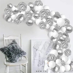 Silver and white balloon arch kit with metallic and sequin balloons for party decor