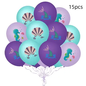 Détail de 15 ballons de fête sirène avec imprimés hippocampe et étoile de mer
