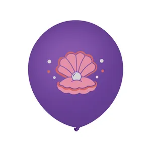 Detail of purple latex balloon with shell and pearl print for mermaid party themes