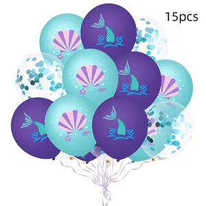Detail of 15pcs mermaid party balloons with purple blue scales and glitter sea shells