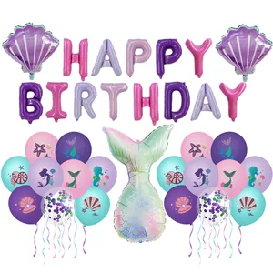 Set de fête sirène avec ballons Happy Birthday en aluminium, coquillages et queue colorée