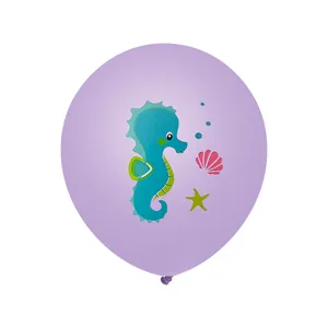 Detailed view of purple mermaid latex balloon with seahorse, starfish and shell prints