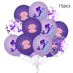 Détail de 15 ballons sirène violets avec motifs coquillages et paillettes