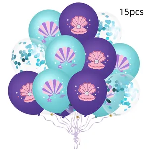 Detail of 15pcs mermaid theme shell and starfish printed balloons with blue confetti