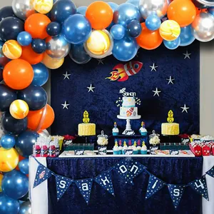 Astronaut theme balloon arch kit with rocket cake topper for 4th birthday party decoration