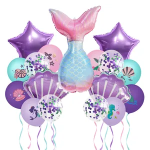 Mermaid tail balloon set with purple shells stars and printed latex for party decor