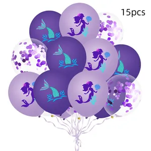 Détail de 15 ballons sirène violets avec confettis et motifs de queue pour fête
