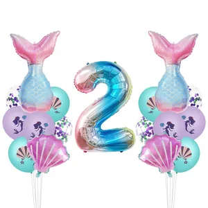 Kit anniversaire sirène avec ballon chiffre 2, queues de poisson et coquillages