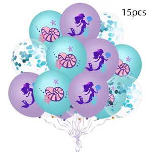 Detail of 15pcs mermaid balloons with shell prints and blue confetti for party decor