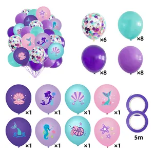 Detail view of mermaid party balloon kit with shells, seahorse and colorful latex balloons