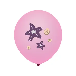 12-inch pink mermaid latex party balloon with sea star and shell prints on white background