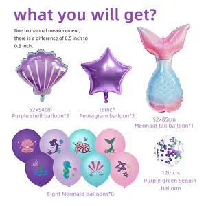 Detail view of mermaid tail balloon set with shell, stars and printed latex balloons
