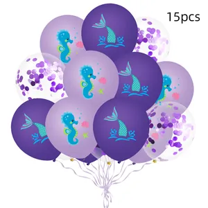 Set de 15 ballons sirène en latex violet avec motifs hippocampe et paillettes brillantes