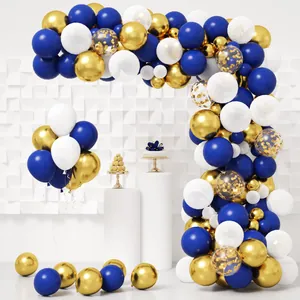 Kit Guirlande Arche Ballons Bleu Marine Or Blanc Avec Ballons Latex Métalliques Confettis pour Décoration Fête Anniversaire Mariage