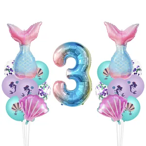Kit ballon anniversaire sirène avec chiffre 3 arc-en-ciel, queue et coquillage