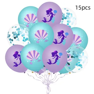 Detail view of 15pcs mermaid themed latex balloons with glitter and ocean shell patterns