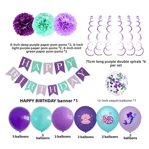 Mermaid party set with birthday banner, latex balloons, and tissue paper pom poms
