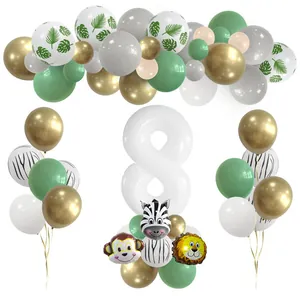Dschungel Party Dekoration mit Zahl 8 Ballon, Tiermotiven und tropischen Blättern Set