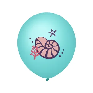 Detail of cyan mermaid latex balloon with printed seashell, starfish and coral patterns